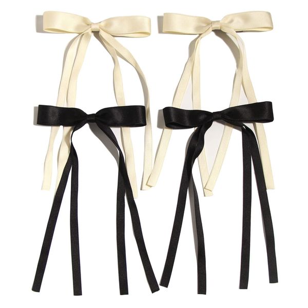 IOSPKKIO® 4 Stück Quastenband Bowknot Haarspangen, Solide Haarspangen mit Langem Schwanz, für Damen und Mädchen, Modisch Dekorieren, Schönes Haar Kreieren (Schwarz und Beige)