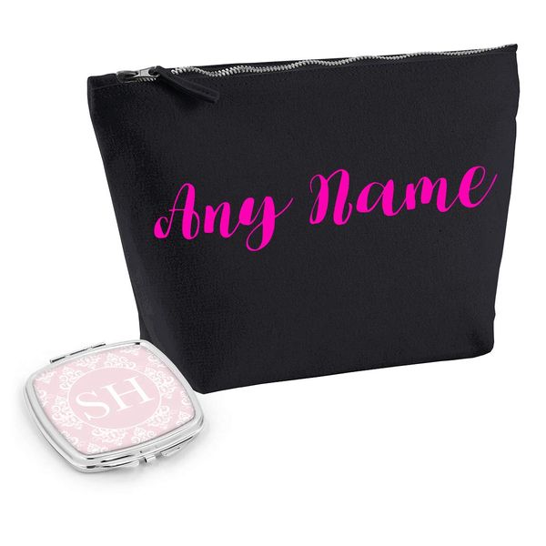 Personalised Makeup Accessory Toiletry Bag And Pink -Glitter Damask Compact Pocket Mirror Gift Set Any Name Initials Custom Monogram -Neon -Pink