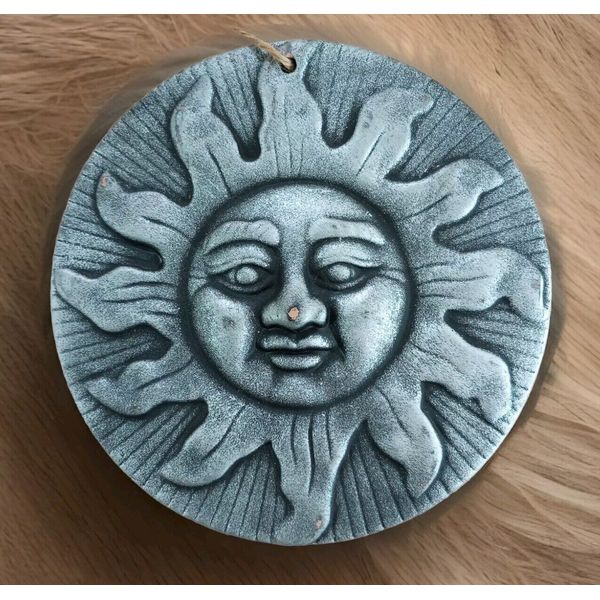 2 Terra Cotta Clay Set/Lot Of 2-7" Sunface Home/Garden Plaque Wall Art Silver