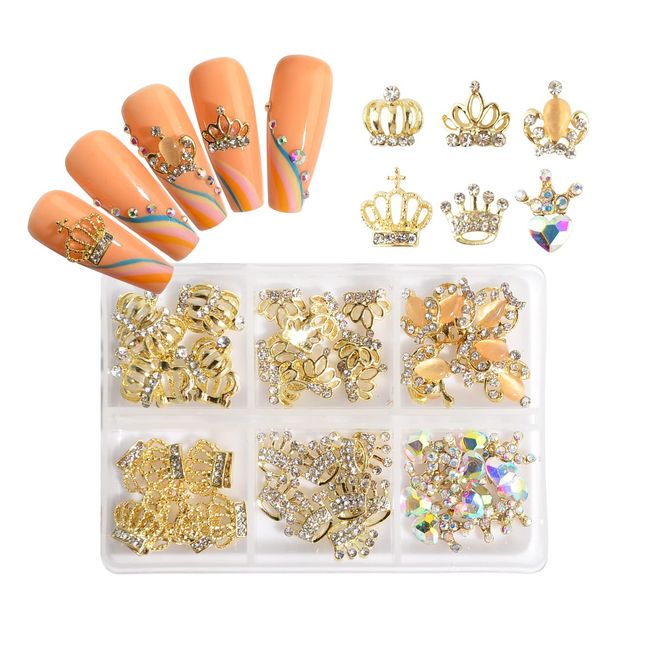 MEILINDS Luxury 3D Crown Nail Charms - 60Pcs Alloy Crown Nail Art Decoration Kit Gold Champion Nail Rhinestones Diamonds Metal Nail Studs Crystals for Acrylic Nails with Box,6 Styles