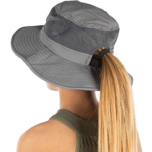 Funky Junque Ponytail Sun Hat w/Removable Chin Strap - Grey