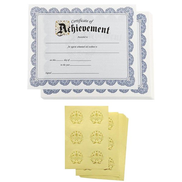 Best Paper Greetings Certificate of Achievement Award and Seal Stickers (Blue, 8.5 x 11 in, 48-Pack)