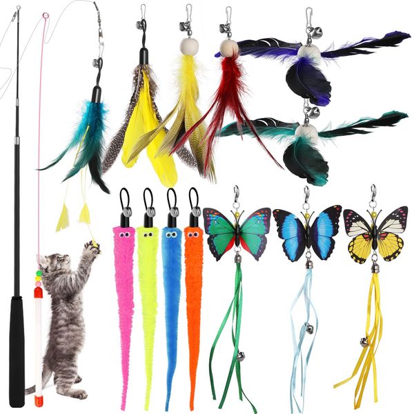 16 Piece Geepen Cat Toy, Cat Toy, Feather Toy, Natural Feather Stick with Bell, Hanging Cat Toy, Pet Supplies, Telescopic Fishing Rod, Indoor Game Equipment, Pet Goods, Cat Supplies, Play with Cats