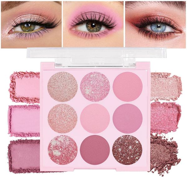 AMY'S DIARY Pink Shimmer Eye Shadow Makeup Palette 9 Colors, Highly Pigmented Matte Glitter Shimmer Pearl Waterproof Party Sparkling Eyeshadow Palette (02#)