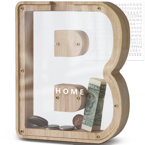 DBPBToU Wooden Money Box with Letters for Kids, Personalized Gift, B