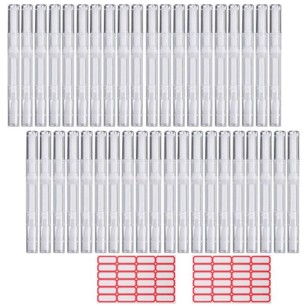 40 Pack 3 ML Transparent Twist Pens, Empty Cuticle Nail Oil Pen with Brush Tip, Cosmetic Lip Gloss Containers Applicators Eyelash Growth Liquid Tube with 2 Stickers