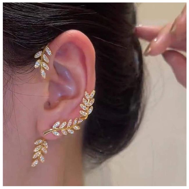 Andelaisi Olive Branch Cuff Earrings Leaf Ear Cuff Wrap Crawler Earrings Laurel Ears Cuff Hoop Cz Leaf Crawler Climber Earring Jewelry for Women and Girls