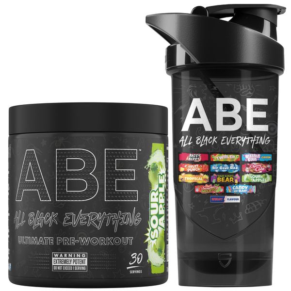 Applied Nutrition Bundle ABE Pre Workout 375g + ABE Black Shaker | All Black Everything Pre Workout Powder, Energy Drink, Physical Performance, Creatine, Beta Alanine, Caffeine (Sour Apple)