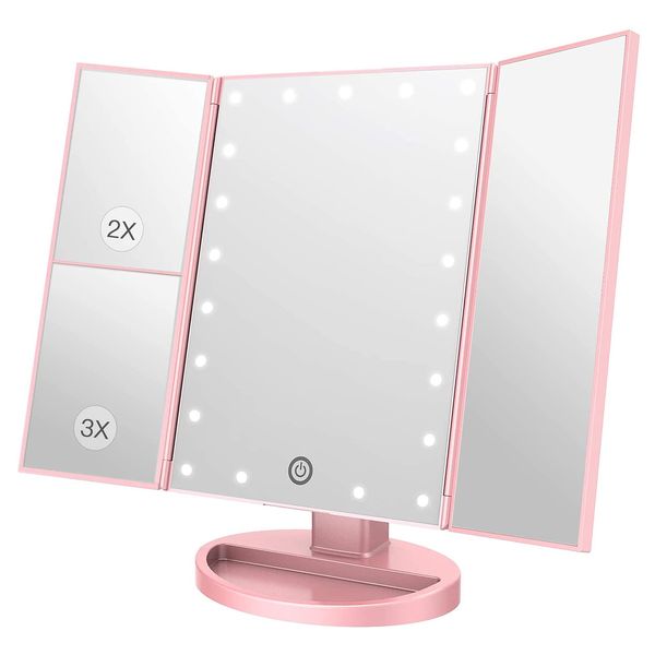 Vidafelic Makeup Mirror, Tabletop Makeup Mirror, 21 LEDs, Magnifier, 2/3x Brightness, Adjustable 180° Rotation, Battery & USB, 2-Way Power Supply, Three-sided Mirror, Tabletop, Actress Mirror