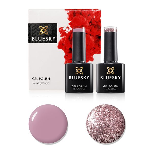 Bluesky Gel Nail Polish Set, 9th Anniversary Set 4, 2 x 10ml, A044 Musk Pink, S06N Pink Gold, Glitter (Requires Curing Under UV LED Lamp)