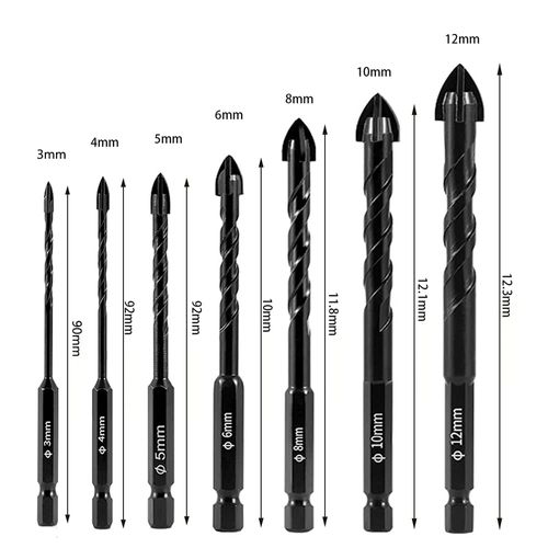 TAORAYO Concrete Drill Bit, Pottery, Glass Drill Bit, 7 Pieces, 4 Blade Hexagonal Shank, Glass Drill, 0.1 inch (3 mm), 0.2 inch (4 mm), 0.2 inch (6 mm), 0.3 inch (8 mm), 0.3 inch (10 mm), 0.5 inch (12 mm), For Drilling Castings, Glass Drill, Glass Drill, 