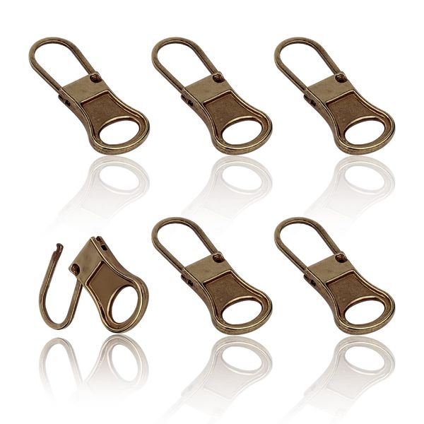 6pcs Replacement Zipper Pull, Detachable Zipper Pull Tabs Metal Zipper Pull Cord Extender Zipper Pull Repair Kit for Jackets Jeans Boots Backpacks Suitcases Purses (Bronze)