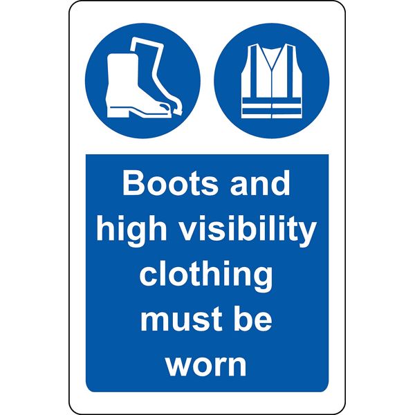 Boots and high visibility clothing must be worn Construction safety sign - 1.2mm Rigid plastic 200mm x 150mm