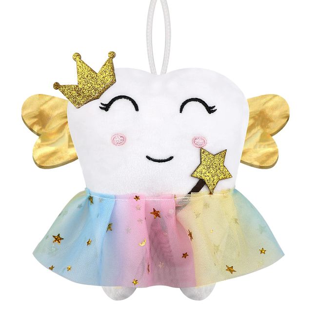 Xunboo Cute Tooth Fairy Pillow with Wings and Colorful Skirt Tooth Fairy Doll with Pocket on Back Toothfairy Keepsake Gift for Girl and Boys