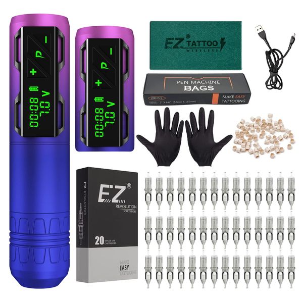 EZTAT2 Wireless Tattoo Machine Kit Complete 4.0mm Stroke Cordless Motor P2S Rotary Tattoo Gun Pen Covers Kit for Beginners with 1800mAh Battery Pack 40Pcs Disposable Cartridge Needles Assorted Power Supply