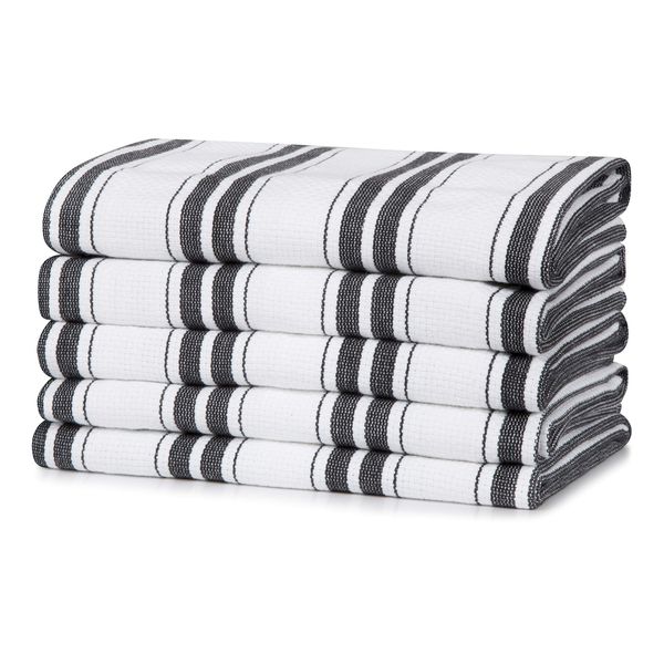 100% Cotton Tea Towel - Black Basketweave Stripe Pattern, Pack of 5 | Kitchen Towel Set | Absorbent, Strong, Quick Dry & Machine Washable | for Home Decor & Bathroom Accessories