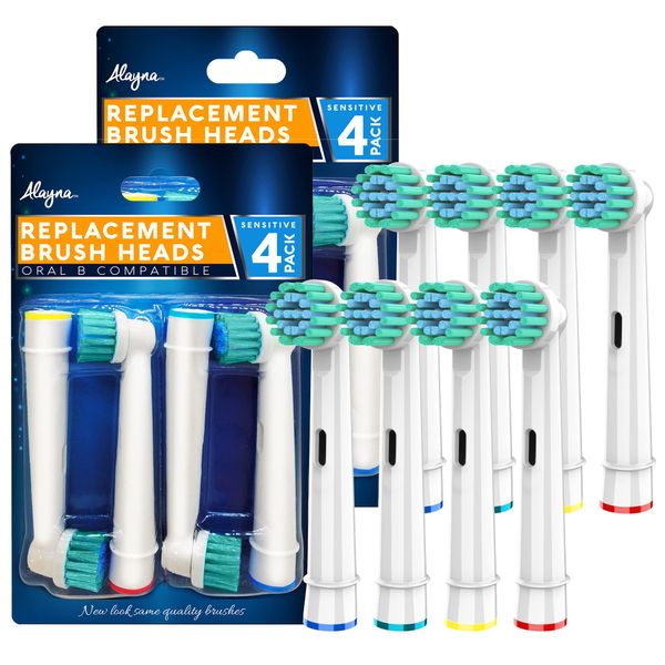 Replacement Brush Heads Compatible with Oral B- Sensitive Gum Care Electric Toothbrush Heads - Pk of 8 Alayna Sensitive Brushes- Fits Oral-b Braun 7000, Pro 1000, 9600, 500, 3000, 8000 Clean