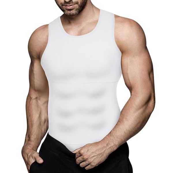 Mens Compression Shirt Workout Tank Tops Slimming Body Shaper Vest Abs Abdomen Undershirts (White, Large)