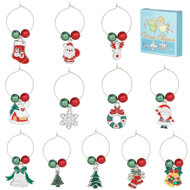 SUNNYCLUE 12 pcs in 1 box christmas charms santa claus wine markers christmas wine charms snowflake glass markers christmas tree tag identification santa socks wine glass charm deer wine charm symbol parts enamel parts bell piercing valance beads gold sym