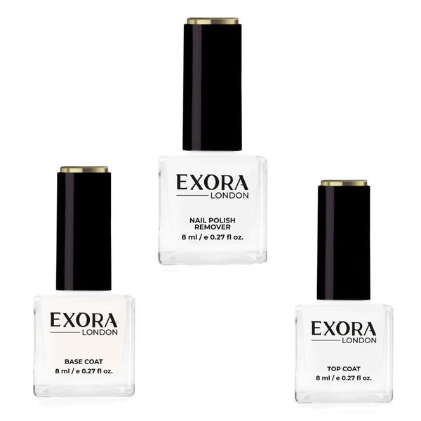 ēxora London 8ml Normal Nail Polish |1x Nail Polish Remover | 1x Super Shine Top Coat Nail Polish and 1x Base Coat Nail Polish