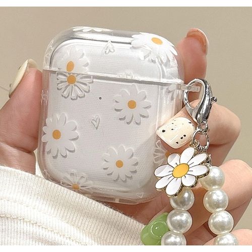 Fycyko Compatible for AirPods 2 Case Soft TPU with Cleaner Kit Cute Little Daisy Flowers Design Shockproof Pearl Keychain Cover for Girls Woman for Airpods 2&1-White