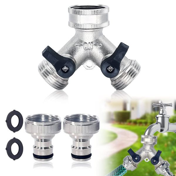 Ousinby Garden Tap Splitter, 2 Way Hose Splitter Double Brass Tap with 2Pcs 3/4 Inch Tap Hose Connector for Garden Irrigation