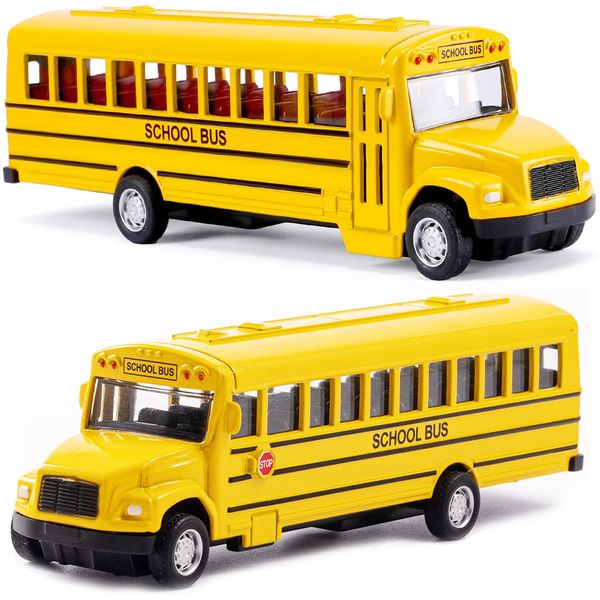 weilaga 2 Pack 5.5" Pull Back Yellow School Bus Toy Playset,Durable Die-cast Metal Toy Vehicles,Party Favors,Best Birthday Gift for Boys Girls Kids Toddlers