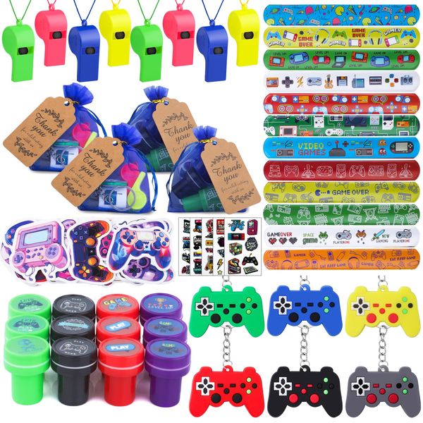 134 Pcs Video Game Party Favors, Includes Video Game Slap Bracelet Keychain Stamper Whistle Mesh Bag Card Stickers Tattoos for Kids Gaming Party Favors Birthday Goodie Bag Fillers