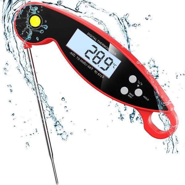 CGZZ Thermometer, Digital Meat Thermometer, Red, 4.6'' Folding Probe, 2-3S Instant Read Backlight and Magnet, IP67 Waterproof