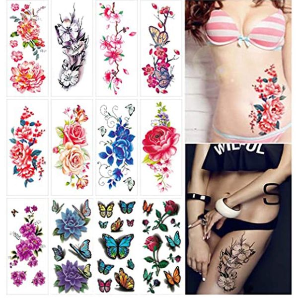 12 Sheets Flower Temporary Tattoos for Women Adults 3D Butterfly Rose Tattoo Sexy Fake Tattoo Stickers Waterproof Body Art Temp Tattoo Paper Colored Floral Lily Lotus Peony Festival Makeup Tattoo...