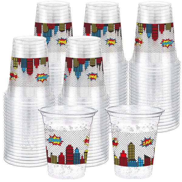 Funnymoom 60 Pack Hero Cup 12 oz Boom Pow Crash Zap Disposable Clear Plastic Cups Comic Themed Cups for Kids Birthday Party Decoration Favor