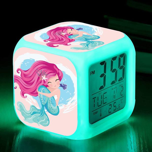 Kids Alarm Clock, 7 Color Digital Wake Up Clocks with 8 Alarm Sounds, LED Night Light Clock with Date Calendar Temperature for Students Boys Girls (Small Mermaid)