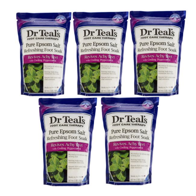 5 Pk Dr Teals Pure Epsom Salt Refreshing Foot Soak, Peppermint 2lb Bags 0890-W7E