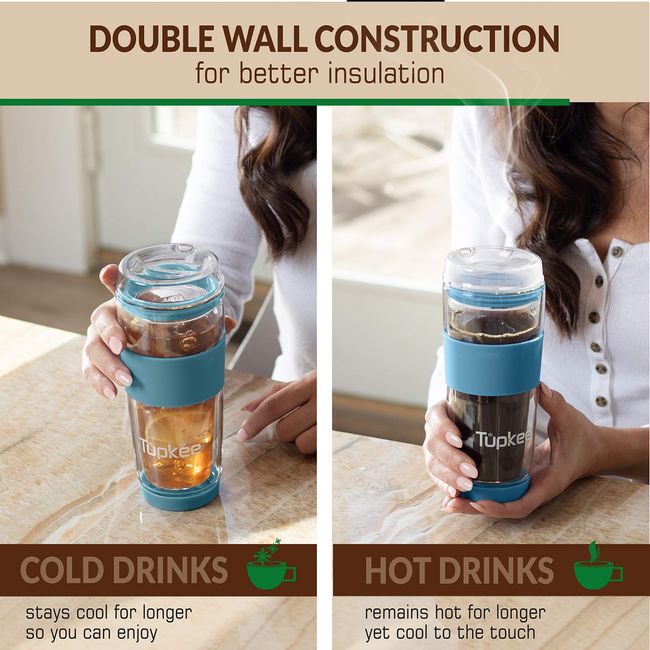 Reusable Glass Travel Mug Coffee Cup - Insulated Double Walled