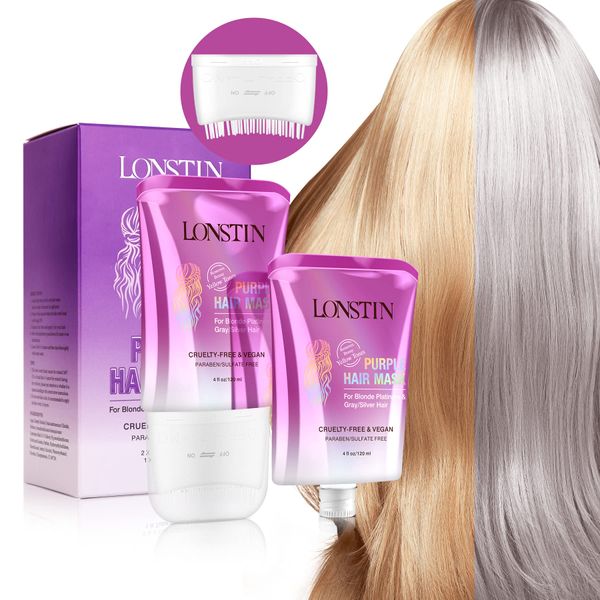 lonstin Silber Haarmaske mit Kamm, Lila Haarmaske für Blondes, Gebleichtes Haar, Entfernen Sie Gelbtöne & Pflegen Sie trockenes Beschädigtes Haar, Vegan, Frei von Parabenen & Sulfaten, 8 fl oz