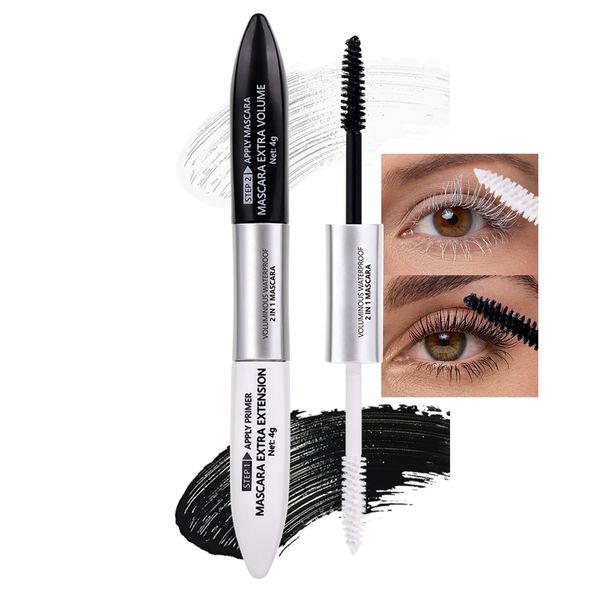 2in1 Mascara + Primer, 5D Weiß Wimpern Primer & Wimperntusche Wasserfest, Telescopic Mascara Wischfest & Langlebig, Volumizing & Curl Mascara Primer für Extrem Lange Wimpern, Augen Make-Up