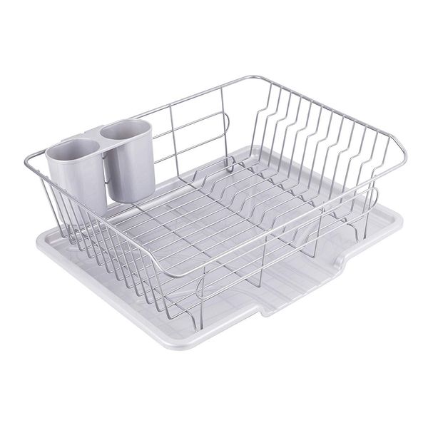 Pearl Metal Aldeo HB-4066 Metal Dish Drying Rack with Tray that Drains Water, Vertical Placement, Gray