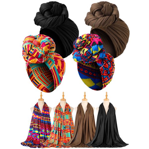 Funnysoft 4 Pcs African Head Wraps for Black Women Stretch Turbans Headwraps Jersey Hijab Scarf Hair Wraps Lightweight Headbands Cover