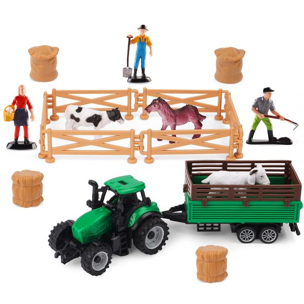 deAO Farm Animals Figures Toys Playset 18 PCS Realistic Plastic Farm Set with Tractor Fences Animals Farm Figures Mini Learning Educational Toy Playset Boys Girls Aged 3+