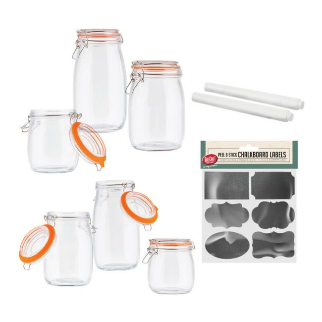 TableCraft Food Storage Set with Glass Canisters, Chalkboard Labels and Pens