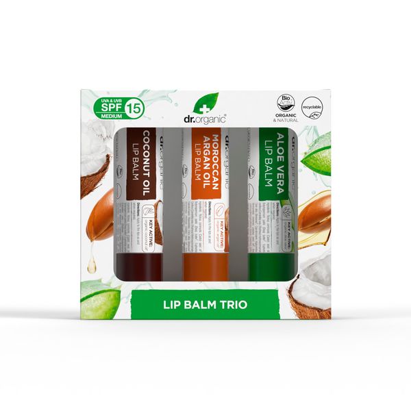 Dr Organic Lip Balm Gift Set, Moisturising, SPF 15, Assorted Multipack with Aloe Vera, Argan Oil, Coconut Oil, Natural, Vegetarian, Cruelty-Free, Paraben & SLS-Free, Organic, 5.7ml