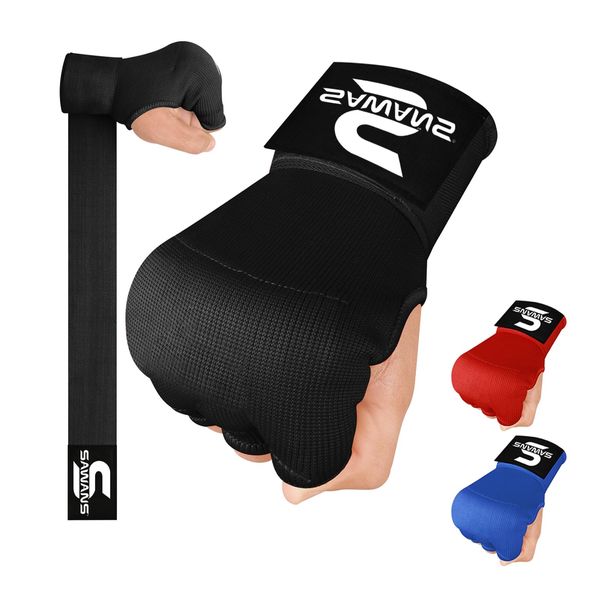 SAWANS Boxing Hand Wraps Inner Gloves for Hand Protection Long Wrist Straps Elasticated, Padded Martial Arts Combat Gloves Punching Bag Training Gel Mitts Muay Thai MMA (L/XL, Black)