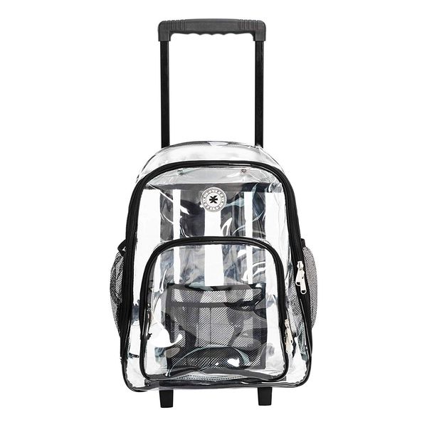 Rolling Clear Backpack Heavy Duty Bookbag Quality See Through Workbag Travel Daypack Transparent School Book Bags with Wheels Black