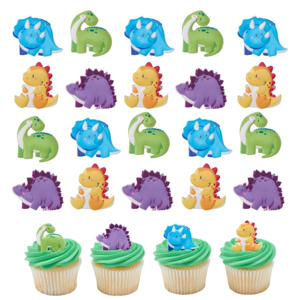 DecoPac Cutsie Dinosaur Rings, Dino Cupcake Decorations, Birthday Party Cupcake Toppers, Food Safe, 4 Designs – 24 Pack