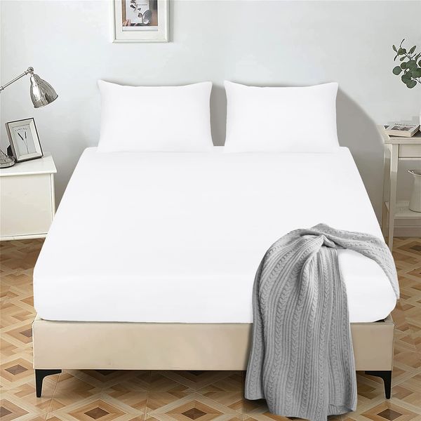 My home store Double Fitted Sheet 25 cm Deep Brushed Microfiber Ultra Soft No-Iron Wrinkle-Resistant Plain Dyed Fitted Bed Sheets Hypoallergenic Breathable Sheets (White)