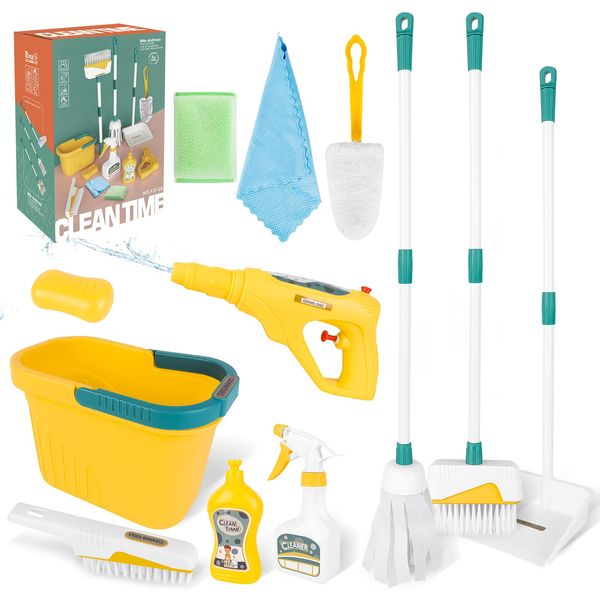 deAO Kids Cleaning Set 12 pcs Housekeeping Pretend Play Set Toddler Cleaning Set Includes Broom & Dustpan Set with Mop, Brush, Bucket, Play Housekeeping Toy for 3 4 5 6+ Years Old Boys Girls