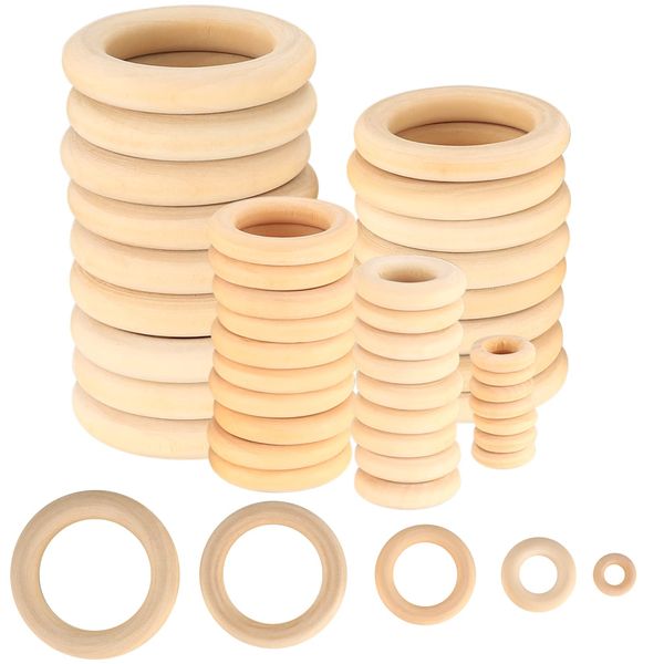 WELHAEPI 90 Pcs Natural Wooden Rings, Unfinished Wood Teething Rings, Craft Wooden Rings Hoops for Craft DIY Jewelry Making Pendant Connectors Wooden Craft Rings - 15mm, 25mm, 35mm, 45mm, 55mm