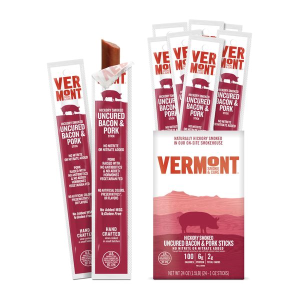 Snack Sticks by Vermont Smoke & Cure – Uncured Bacon – Pork – Hickory Smoked – Healthy Meat Protein – 1oz Jerky Stick – 24 count carton