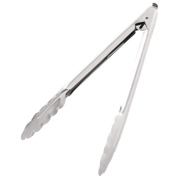 Vogue Catering Tongs 25.5 cm/10 inch, Stainless Steel, Serrated Grip, Spring Loaded Food Serving Tongs, Easy Clean - Dishwasher Safe, Professional & Home Kitchen Use, J608