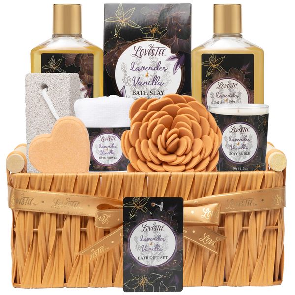 Christmas Spa Gift Baskets For Women, Spa Gifts For Women, lavender & vanilla Bath And Body Set, Includes Shower Gel, Bath Towel, Pumice Stone, Bubble Bath And More, Gifts For Women, Gift For Mom